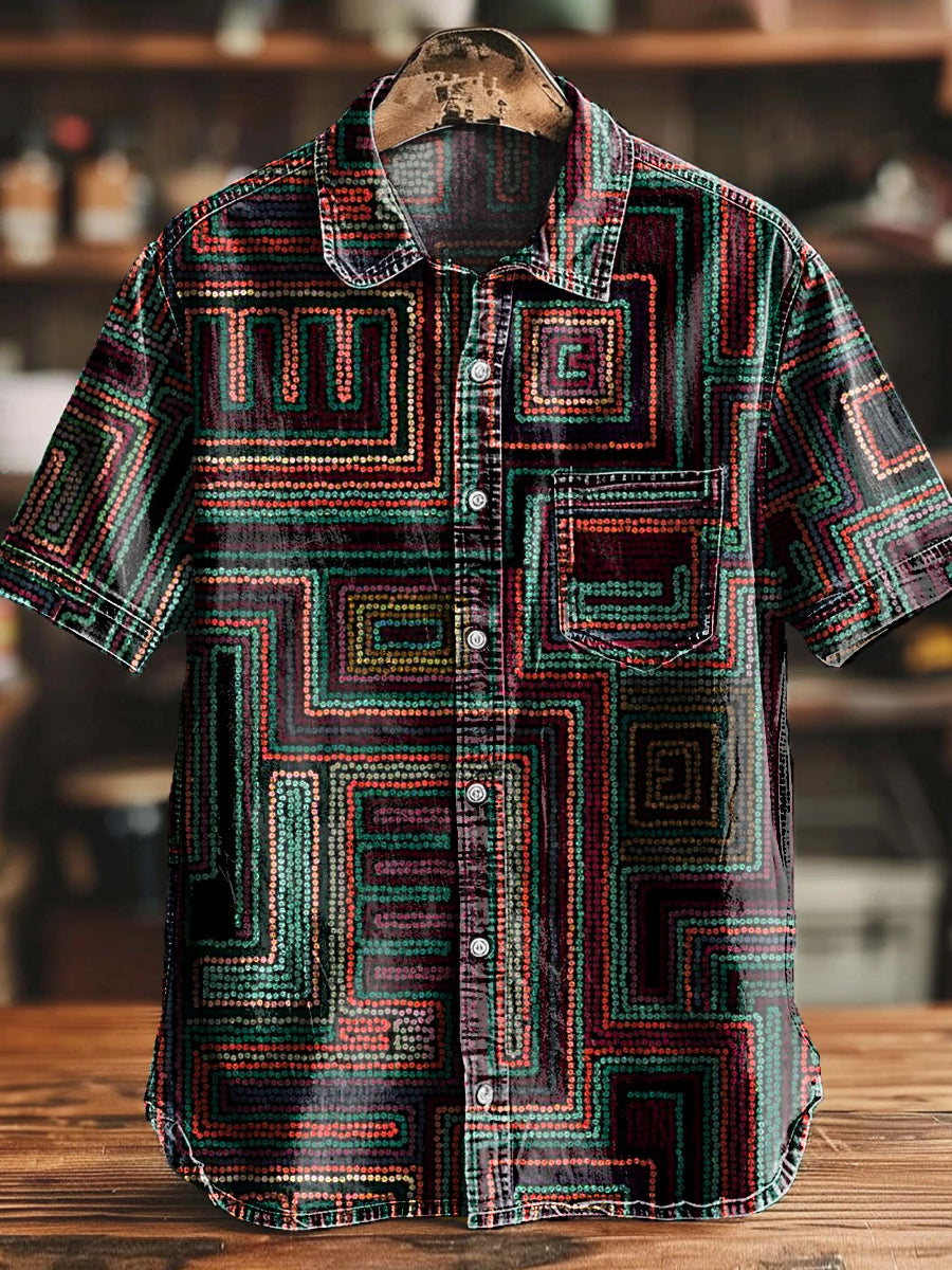 Camisa casual geométrica étnica abstracta de la impresión del arte del vintage