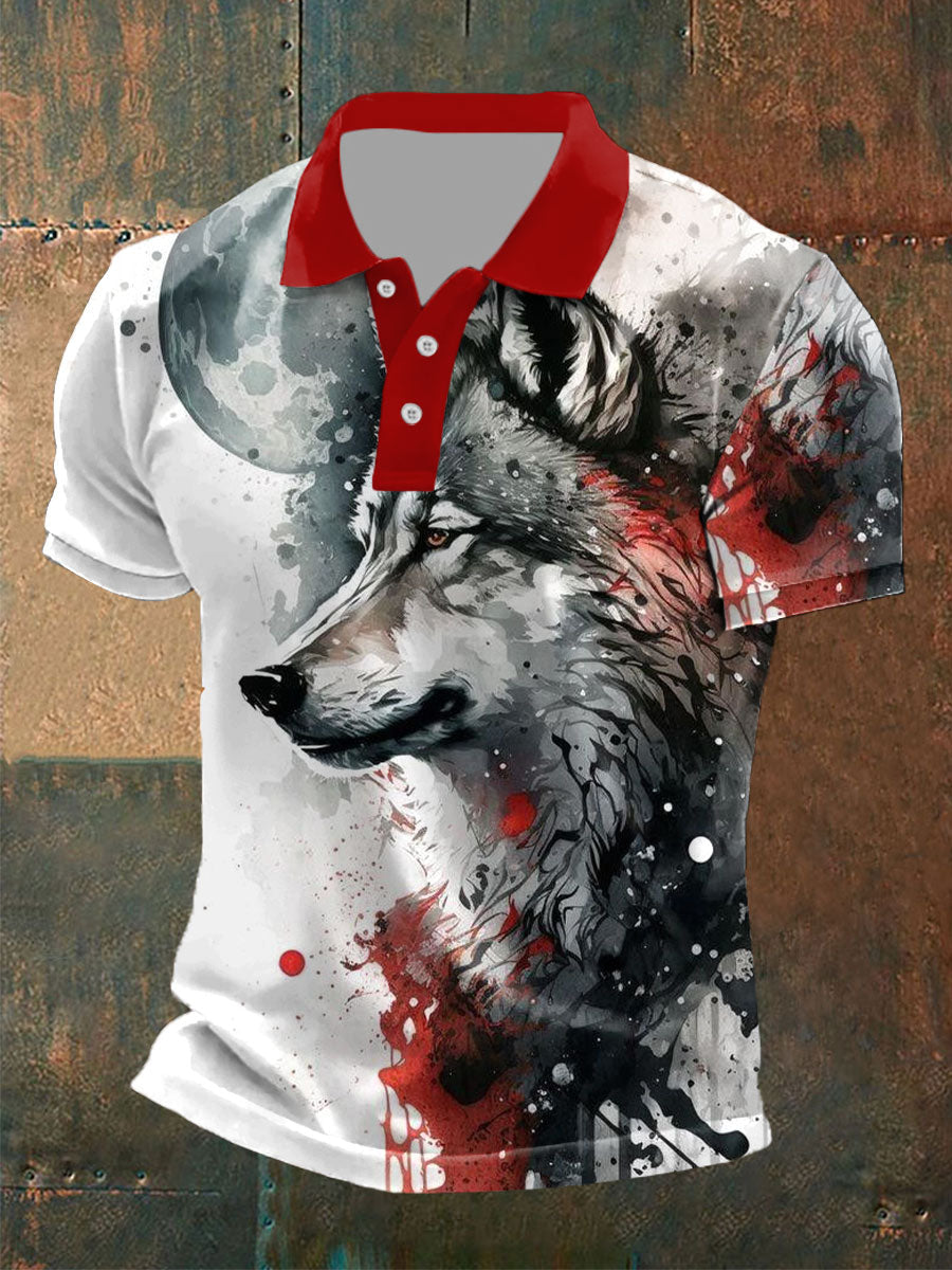 Tops casuales con estampado de lobo para hombre