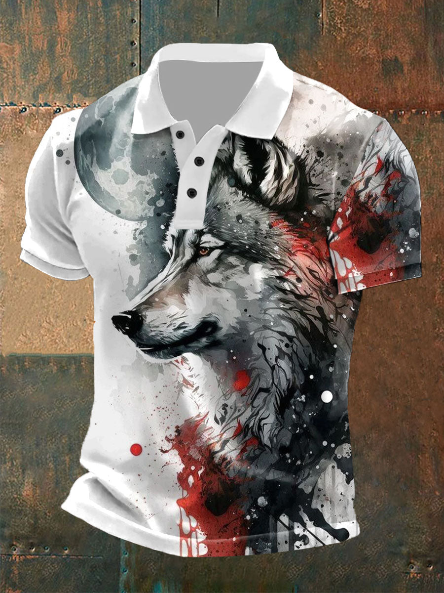 Tops casuales con estampado de lobo para hombre