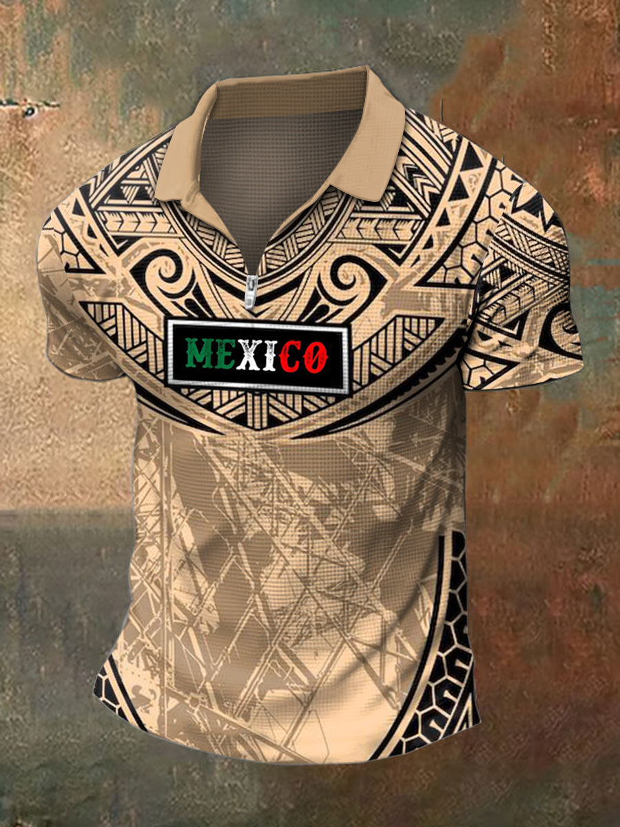 Hombres Polo Cuello Mexicano Impreso Waffle Camiseta