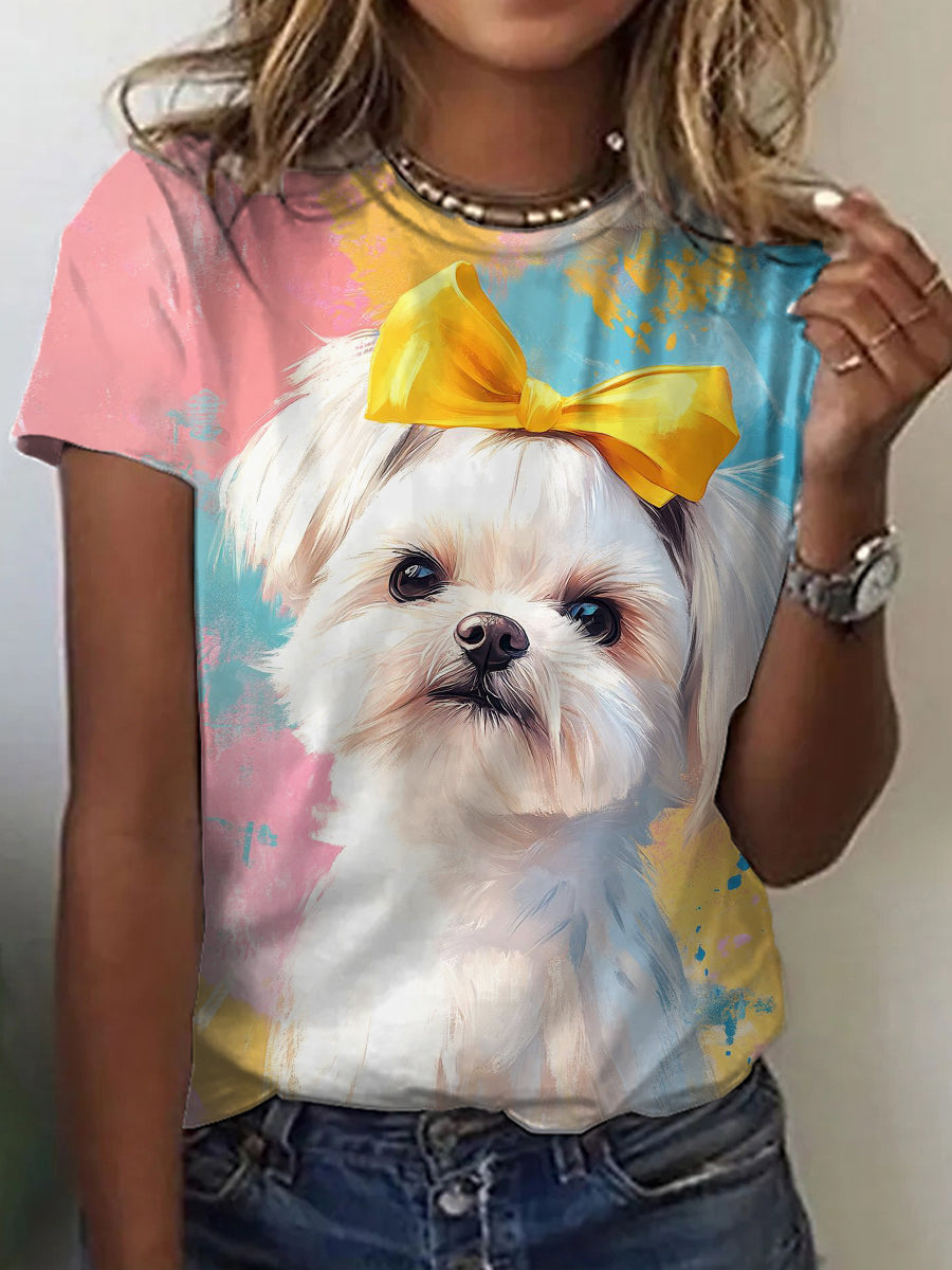 Camiseta de la impresión del perro del arte de la pintura al óleo de las mujeres