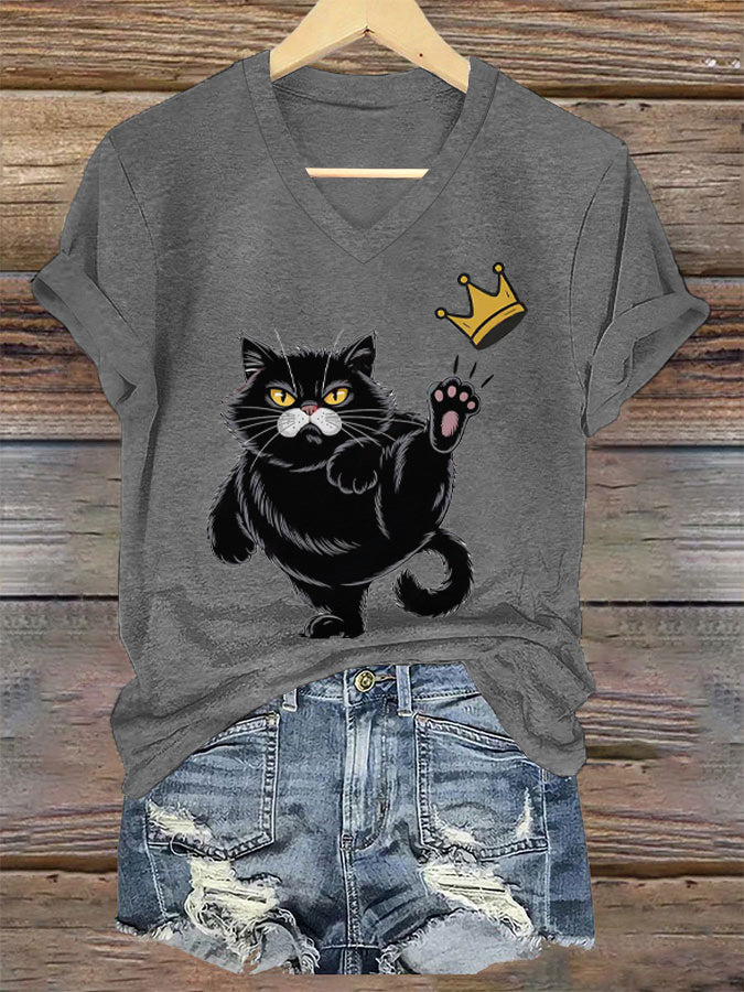 NOPE No Kings In America Black Cat Camiseta estampada con cuello en V para mujer