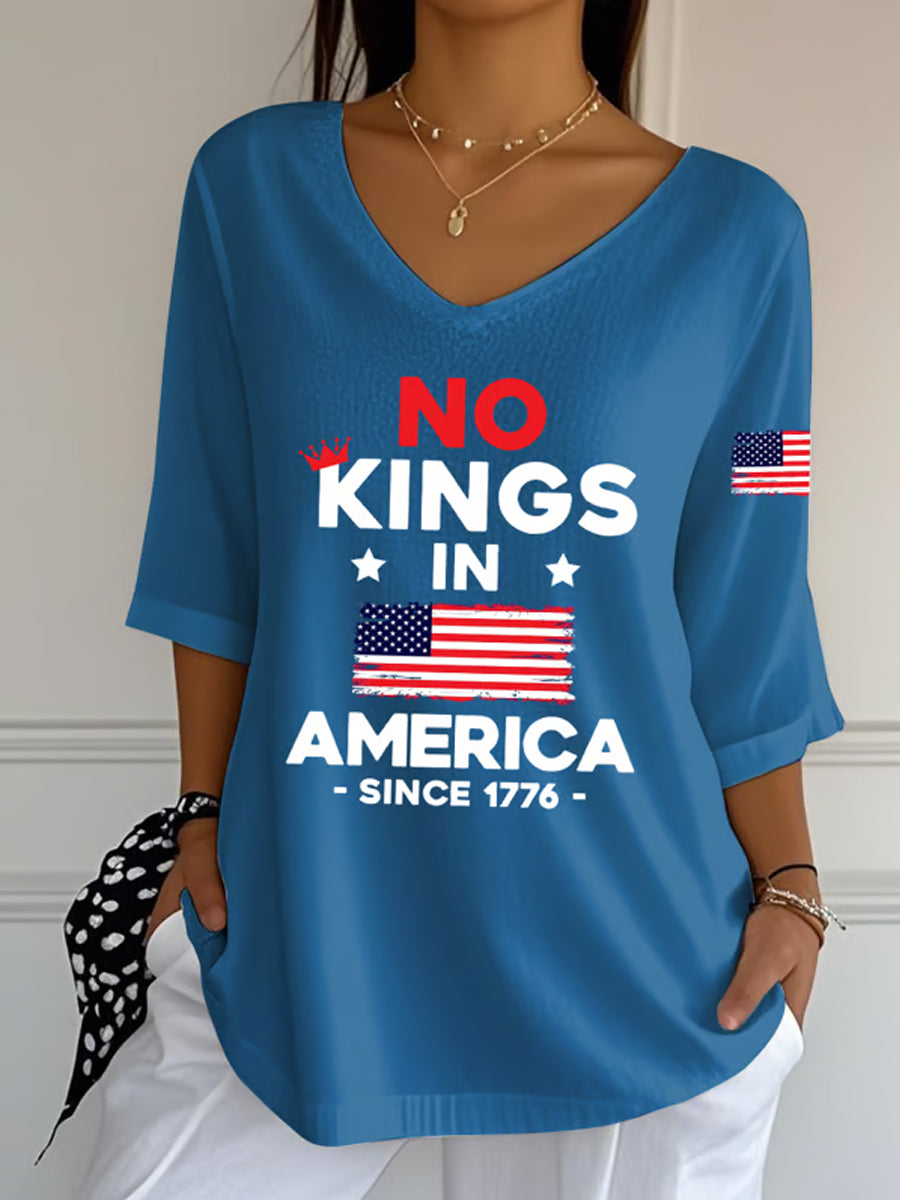 Camiseta de media manga No Kings In America Since 1776 para mujer