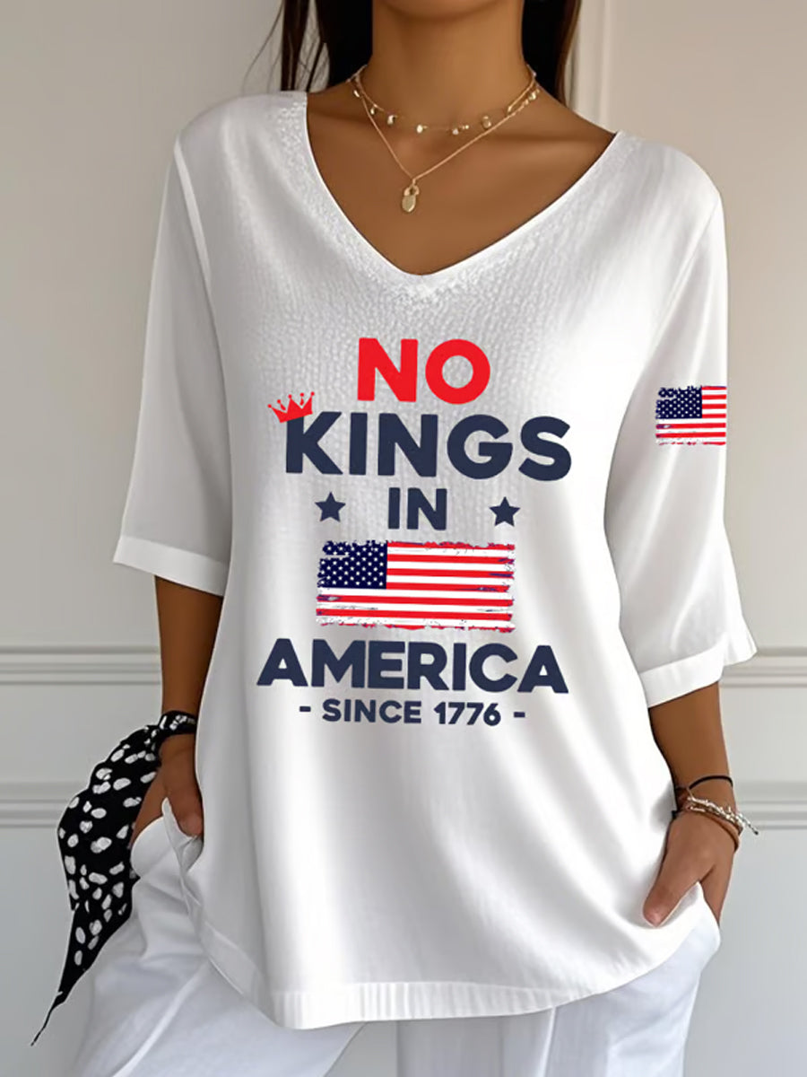 Camiseta de media manga No Kings In America Since 1776 para mujer