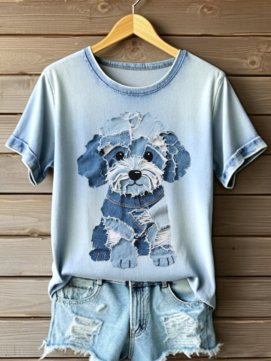 Fluffy Puppy Pattern Patchwork Art Camiseta de mujer
