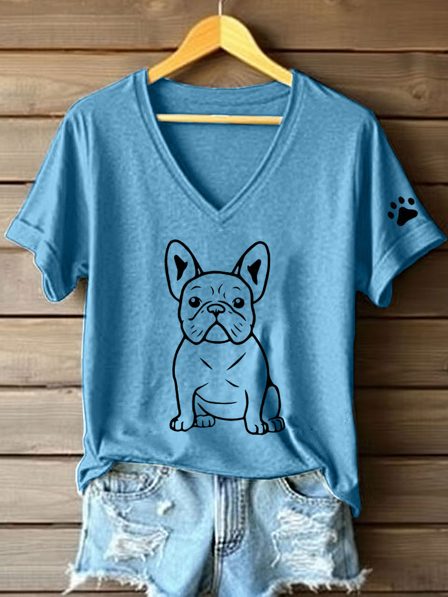 Camiseta con cuello en V y estampado Bulldog Francés Line Art para mujer