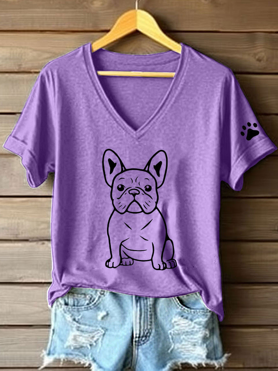 Camiseta con cuello en V y estampado Bulldog Francés Line Art para mujer