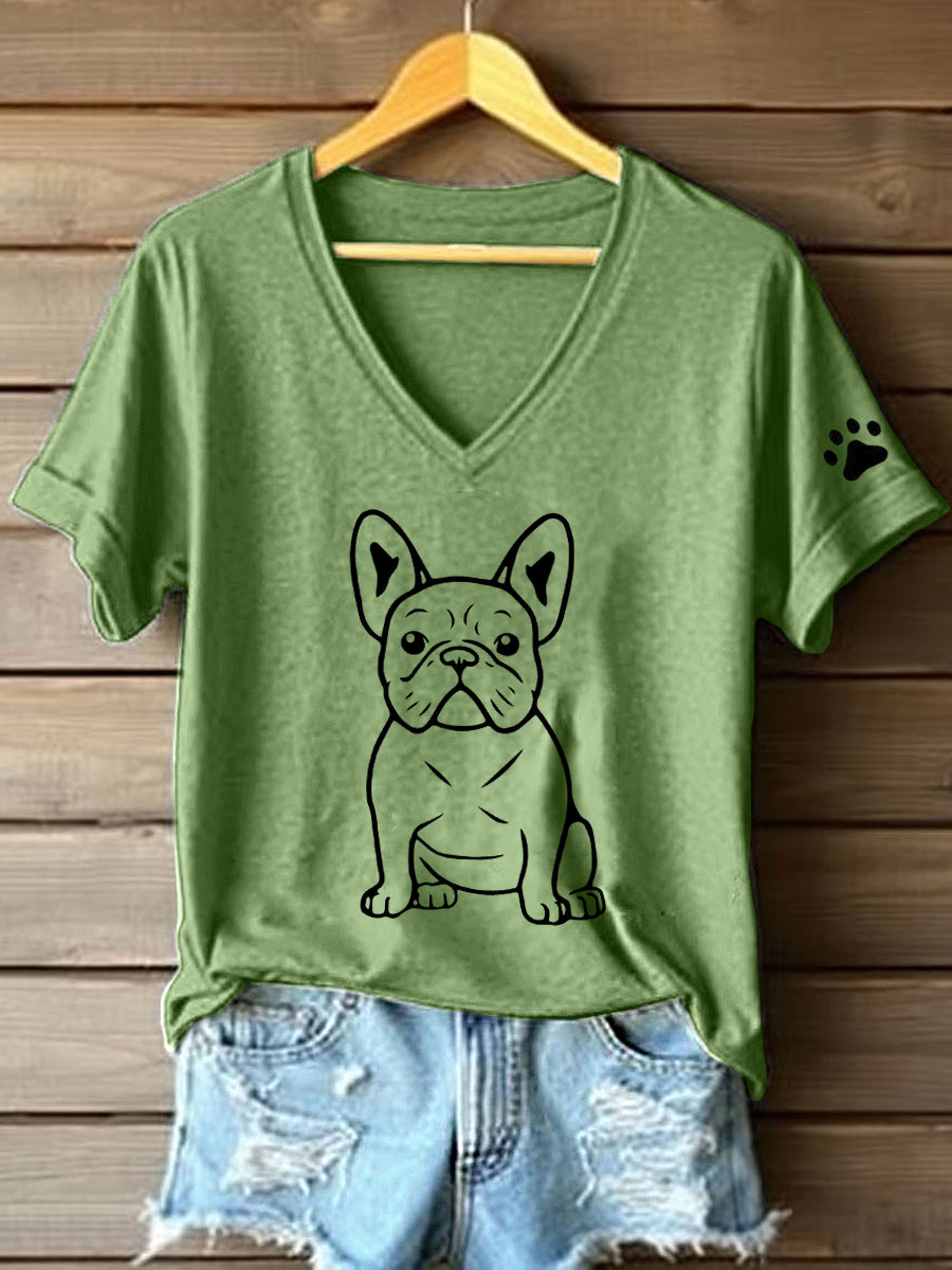 Camiseta con cuello en V y estampado Bulldog Francés Line Art para mujer