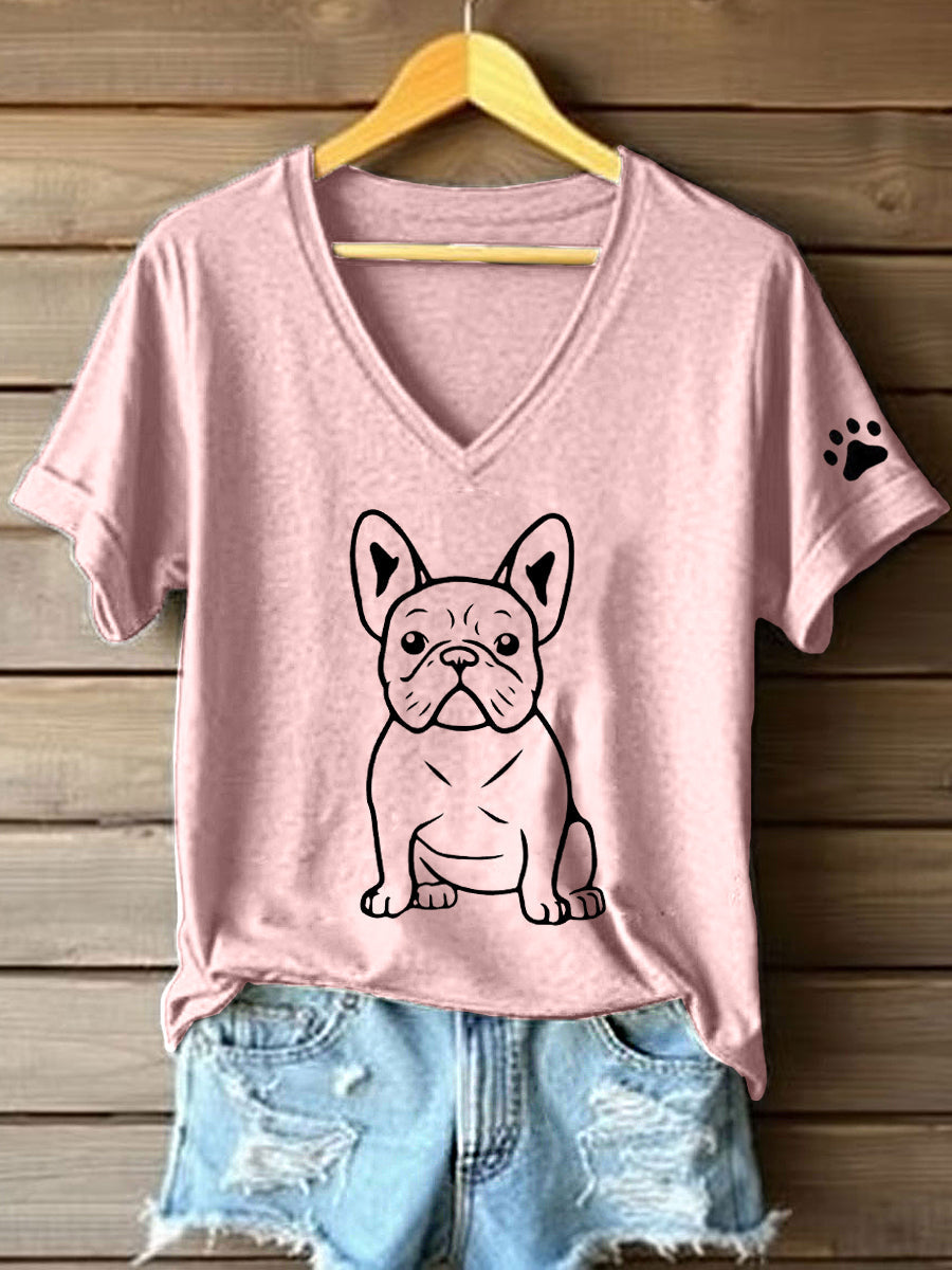 Camiseta con cuello en V y estampado Bulldog Francés Line Art para mujer