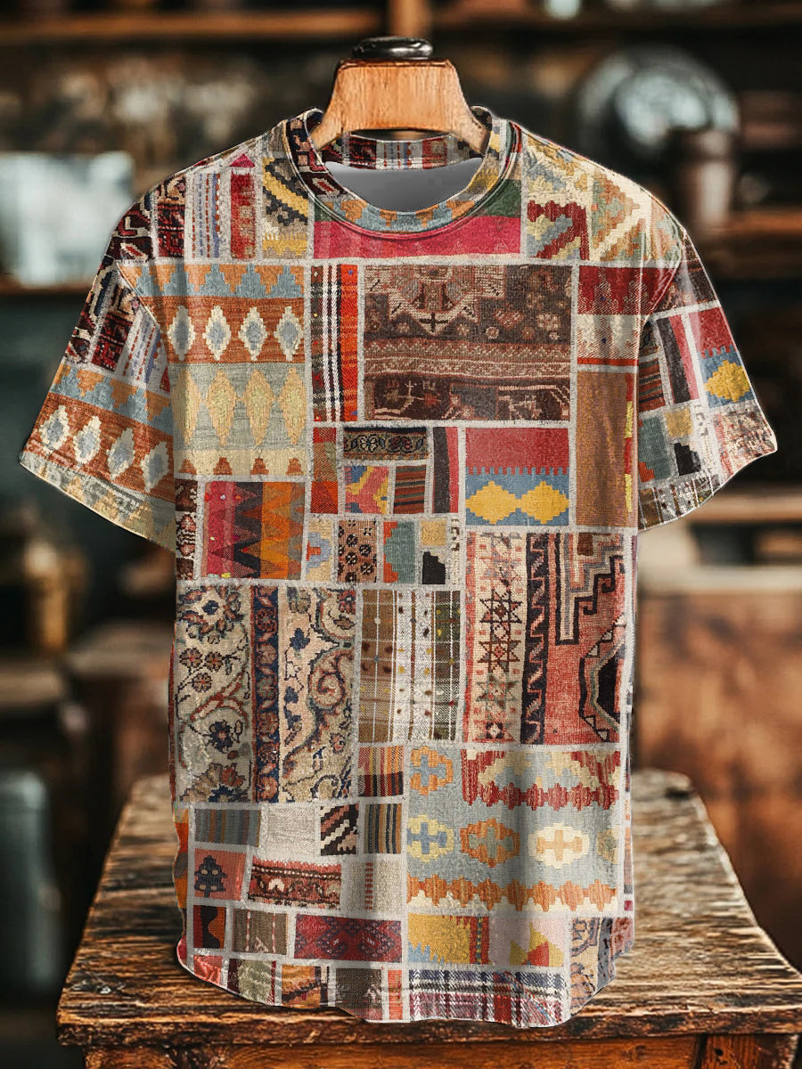 Camiseta con estampado retro de patchwork occidental azteca para hombre