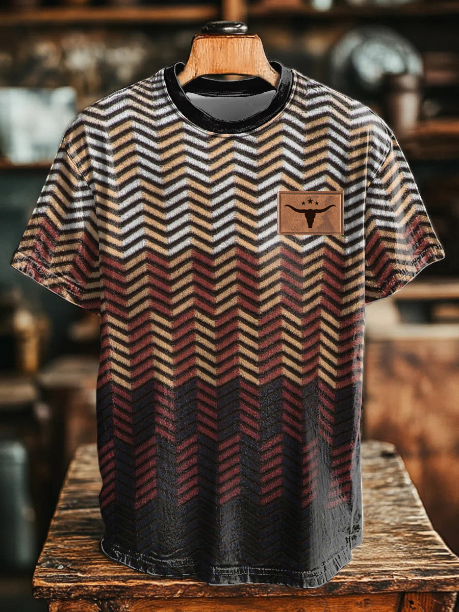 Camiseta estampada con textura de espiga de estilo occidental para hombre