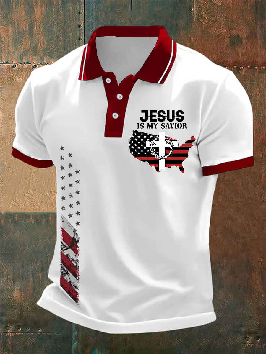 Jesus Is My Savier American Flag Cross Faith Polo casual para hombre
