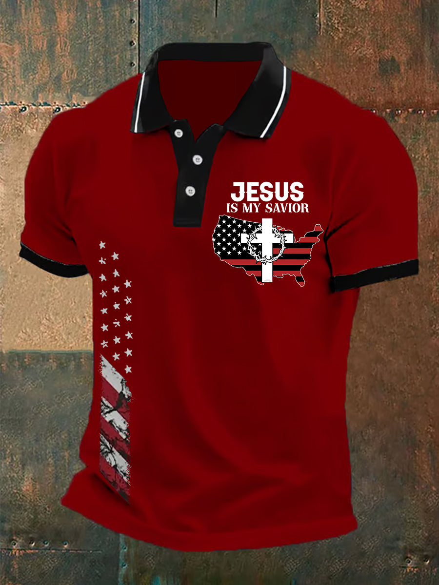 Jesus Is My Savier American Flag Cross Faith Polo casual para hombre