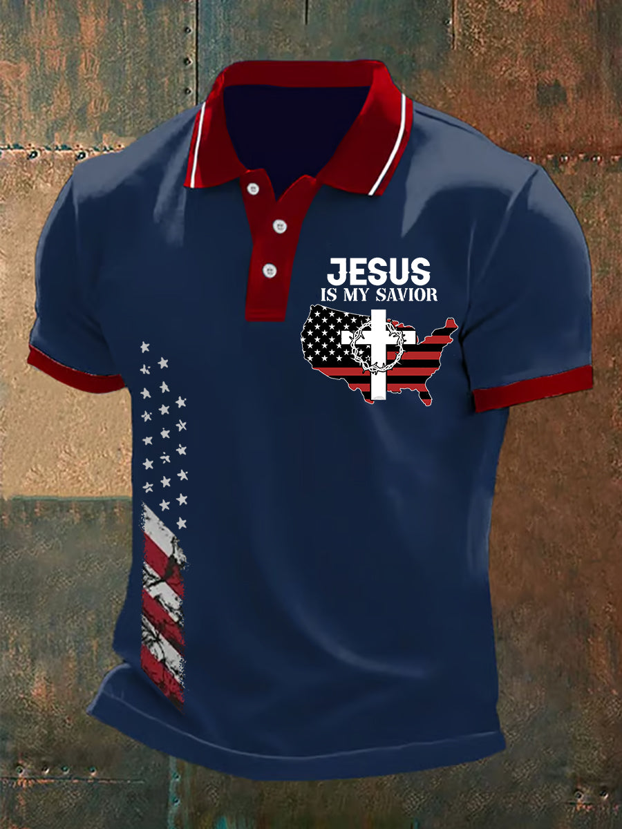 Jesus Is My Savier American Flag Cross Faith Polo casual para hombre