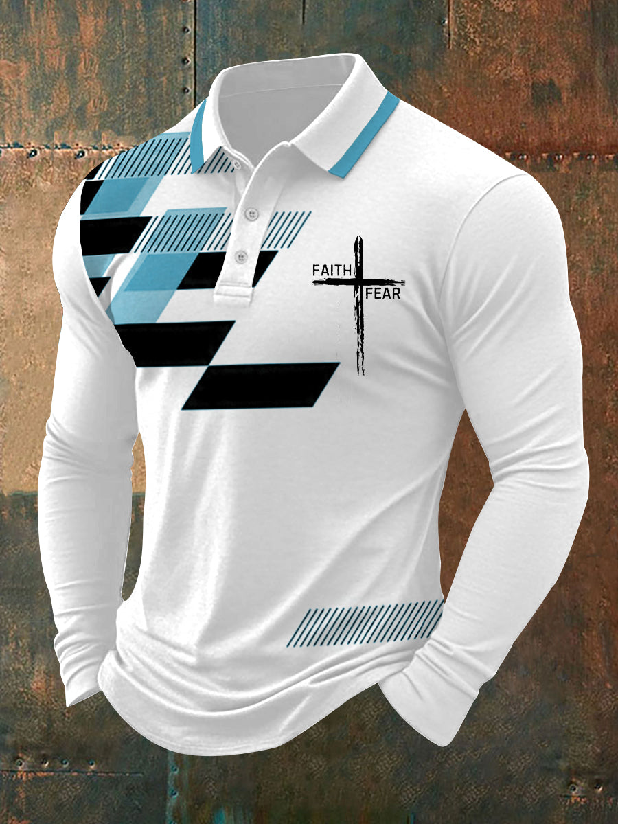 Hombre Fe Sobre Miedo Cruz Fe Estampado Geométrico Casual Manga Larga Polo