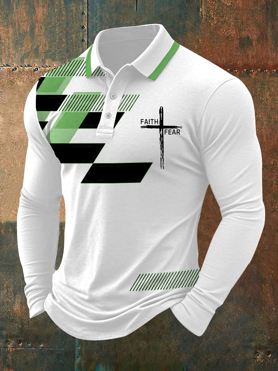 Hombre Fe Sobre Miedo Cruz Fe Estampado Geométrico Casual Manga Larga Polo