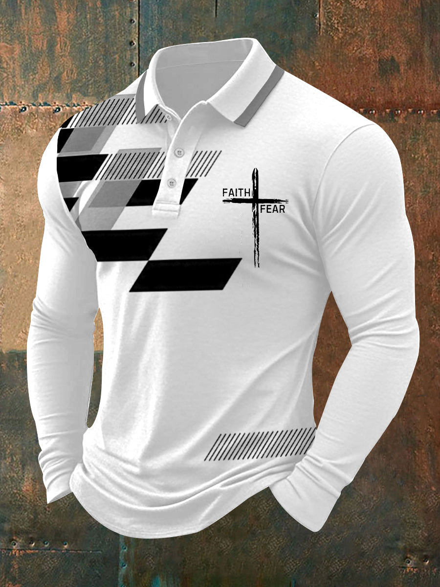 Hombre Fe Sobre Miedo Cruz Fe Estampado Geométrico Casual Manga Larga Polo