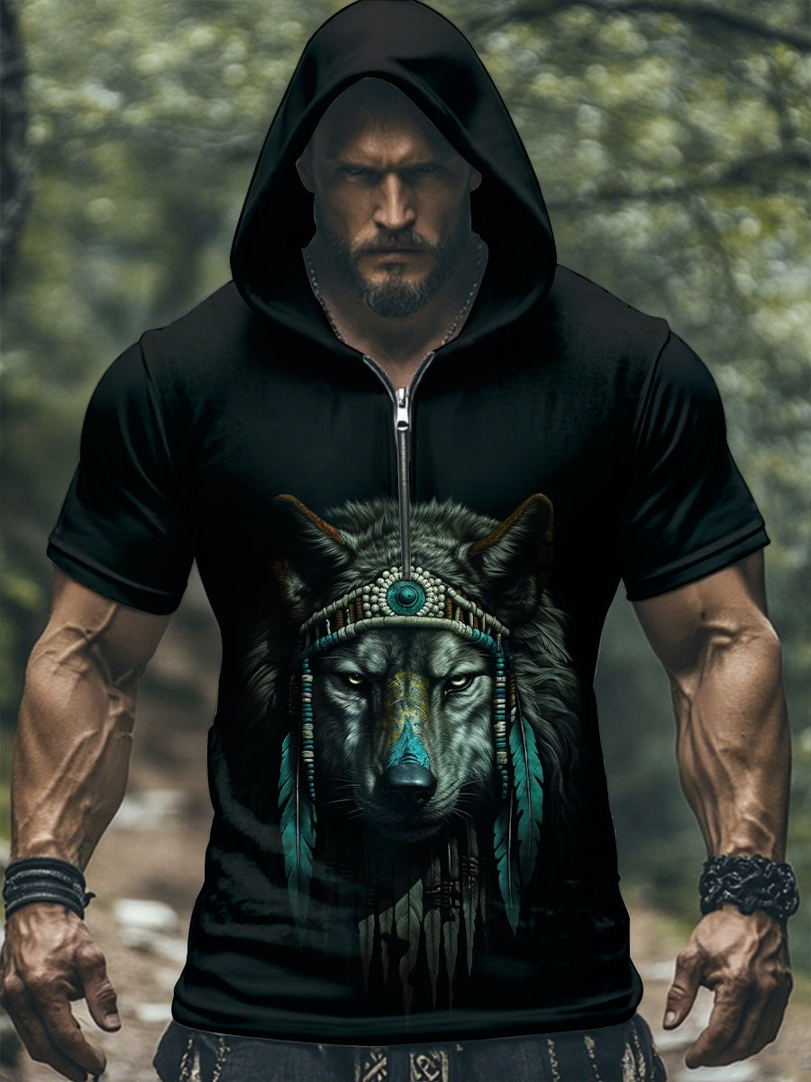 Camiseta de manga corta con capucha de lobo nativo americano para hombre