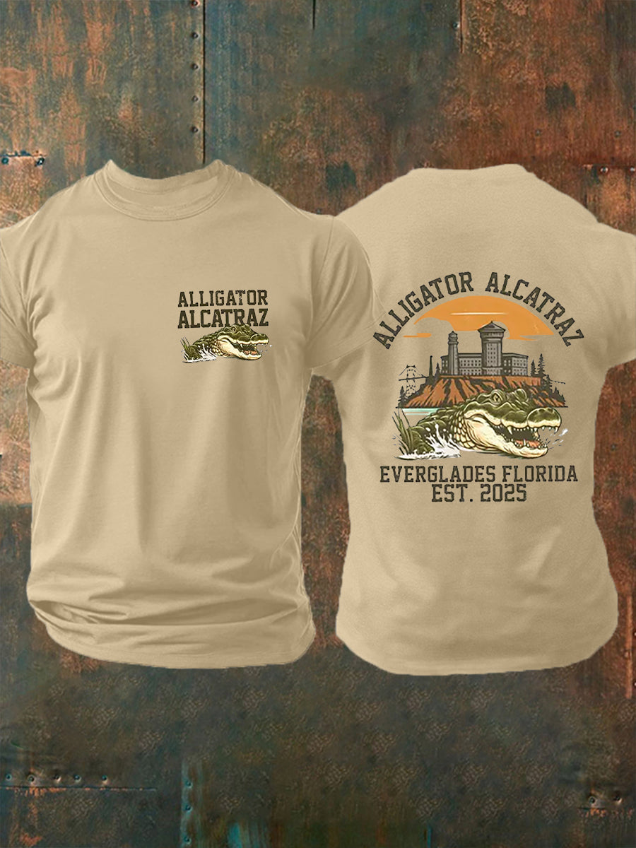 Los hombres de Alcatraz Cocodrilo Retro Divertido Florida Everglades Humor Oscuro Camiseta Manga Corta
