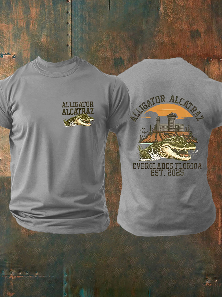 Los hombres de Alcatraz Cocodrilo Retro Divertido Florida Everglades Humor Oscuro Camiseta Manga Corta
