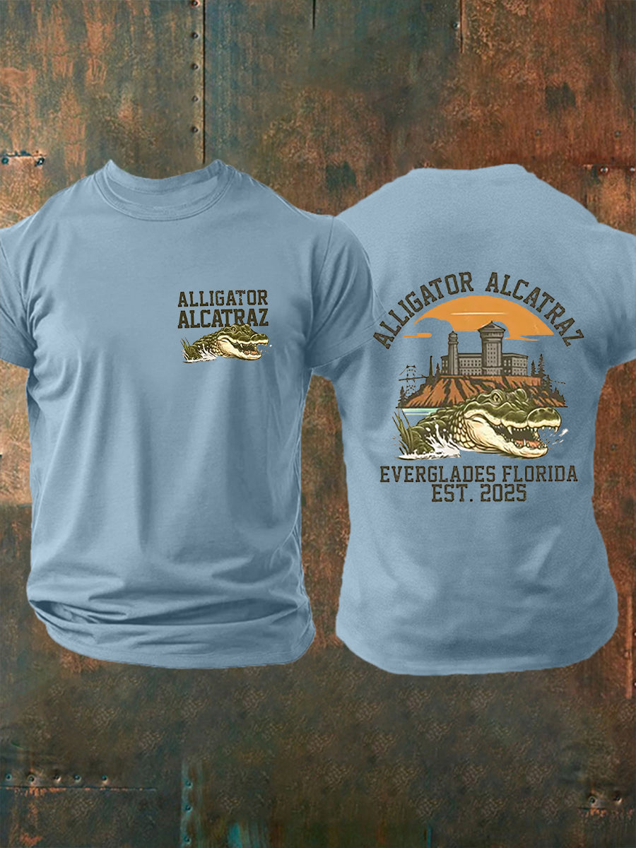 Los hombres de Alcatraz Cocodrilo Retro Divertido Florida Everglades Humor Oscuro Camiseta Manga Corta