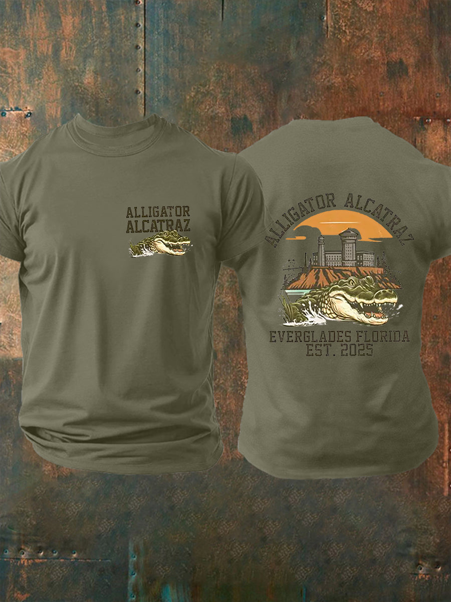 Los hombres de Alcatraz Cocodrilo Retro Divertido Florida Everglades Humor Oscuro Camiseta Manga Corta
