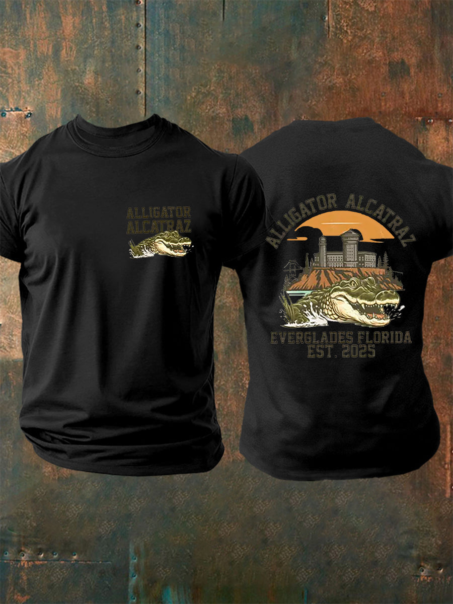 Los hombres de Alcatraz Cocodrilo Retro Divertido Florida Everglades Humor Oscuro Camiseta Manga Corta