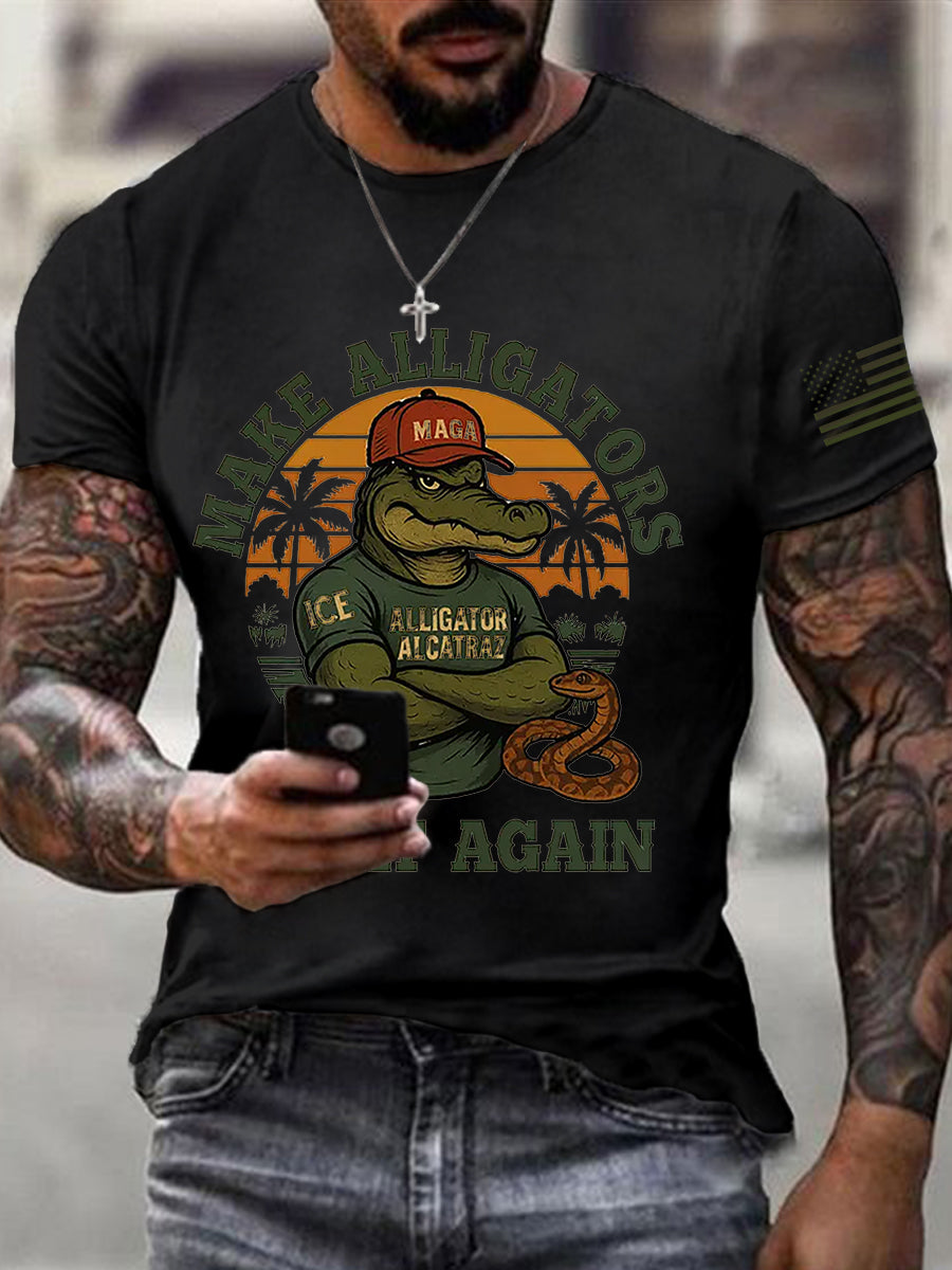 Los hombres de Alcatraz Cocodrilo Retro Divertido Florida Everglades Humor Oscuro Camiseta Manga Corta
