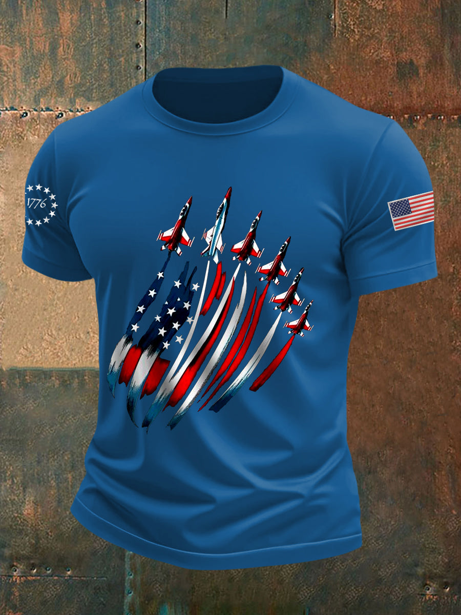Día de la Independencia de los hombres USA Flag Fighter Jets Print Casual Tee