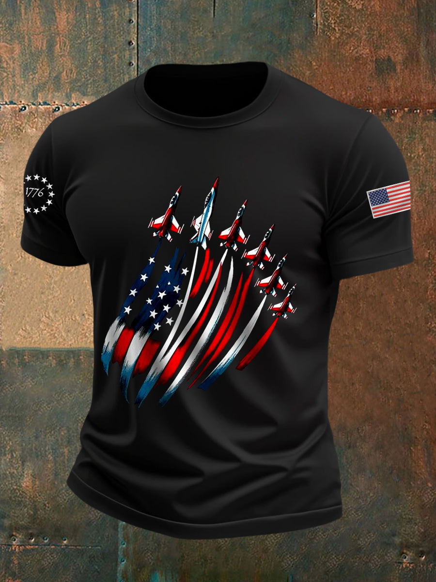 Día de la Independencia de los hombres USA Flag Fighter Jets Print Casual Tee