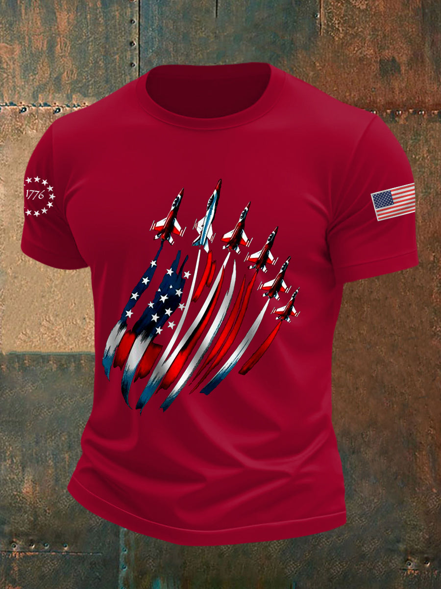 Día de la Independencia de los hombres USA Flag Fighter Jets Print Casual Tee