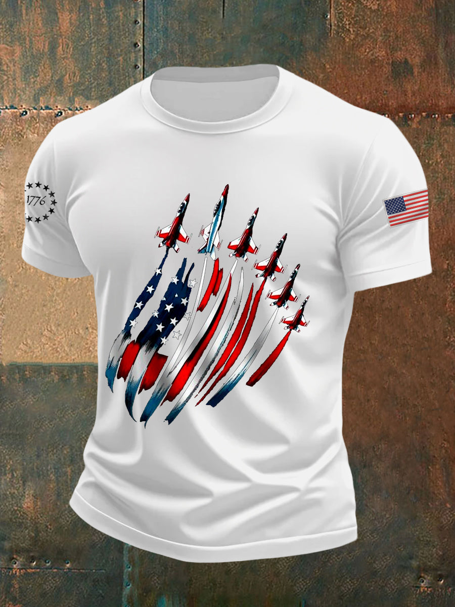 Día de la Independencia de los hombres USA Flag Fighter Jets Print Casual Tee