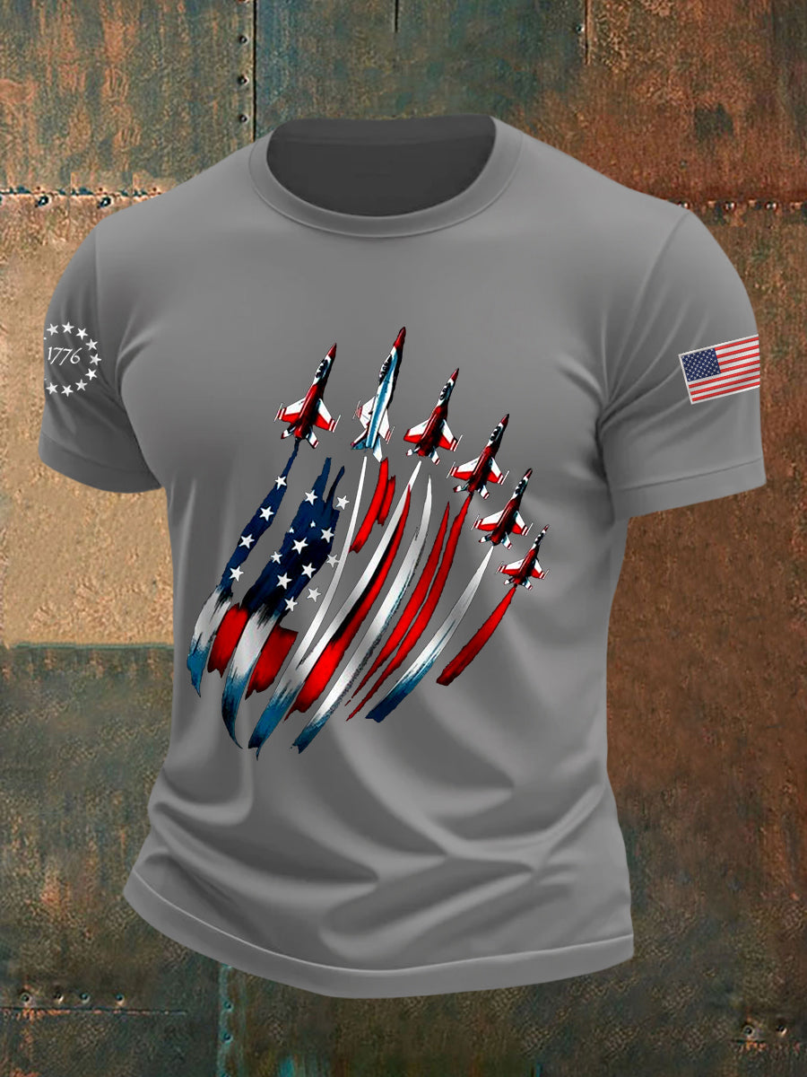 Día de la Independencia de los hombres USA Flag Fighter Jets Print Casual Tee