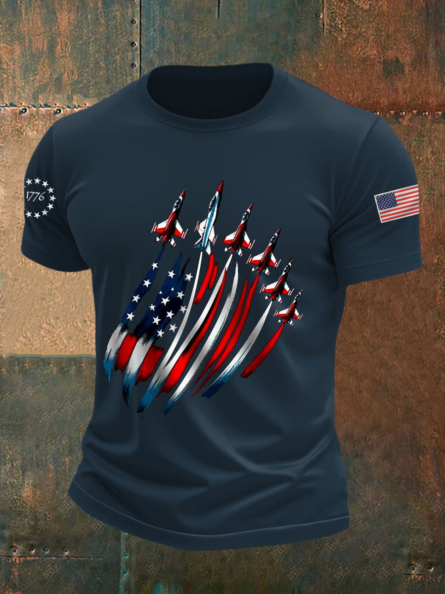 Día de la Independencia de los hombres USA Flag Fighter Jets Print Casual Tee