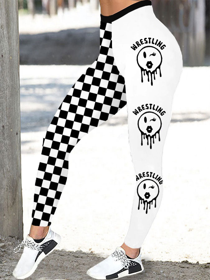 Leggings a cuadros blanco y negro de lucha libre para mujer