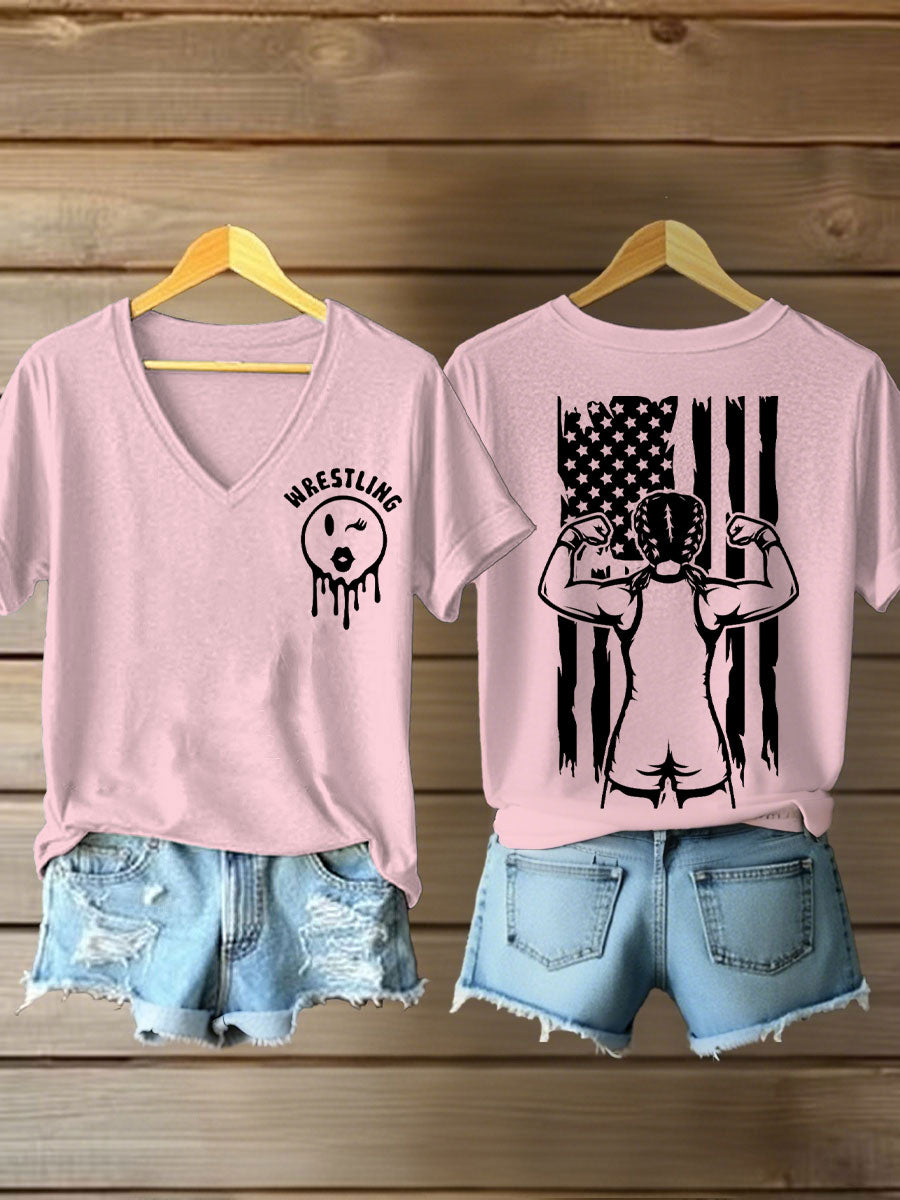Camisetas con cuello en v de la bandera de la lucha libre de las mujeres