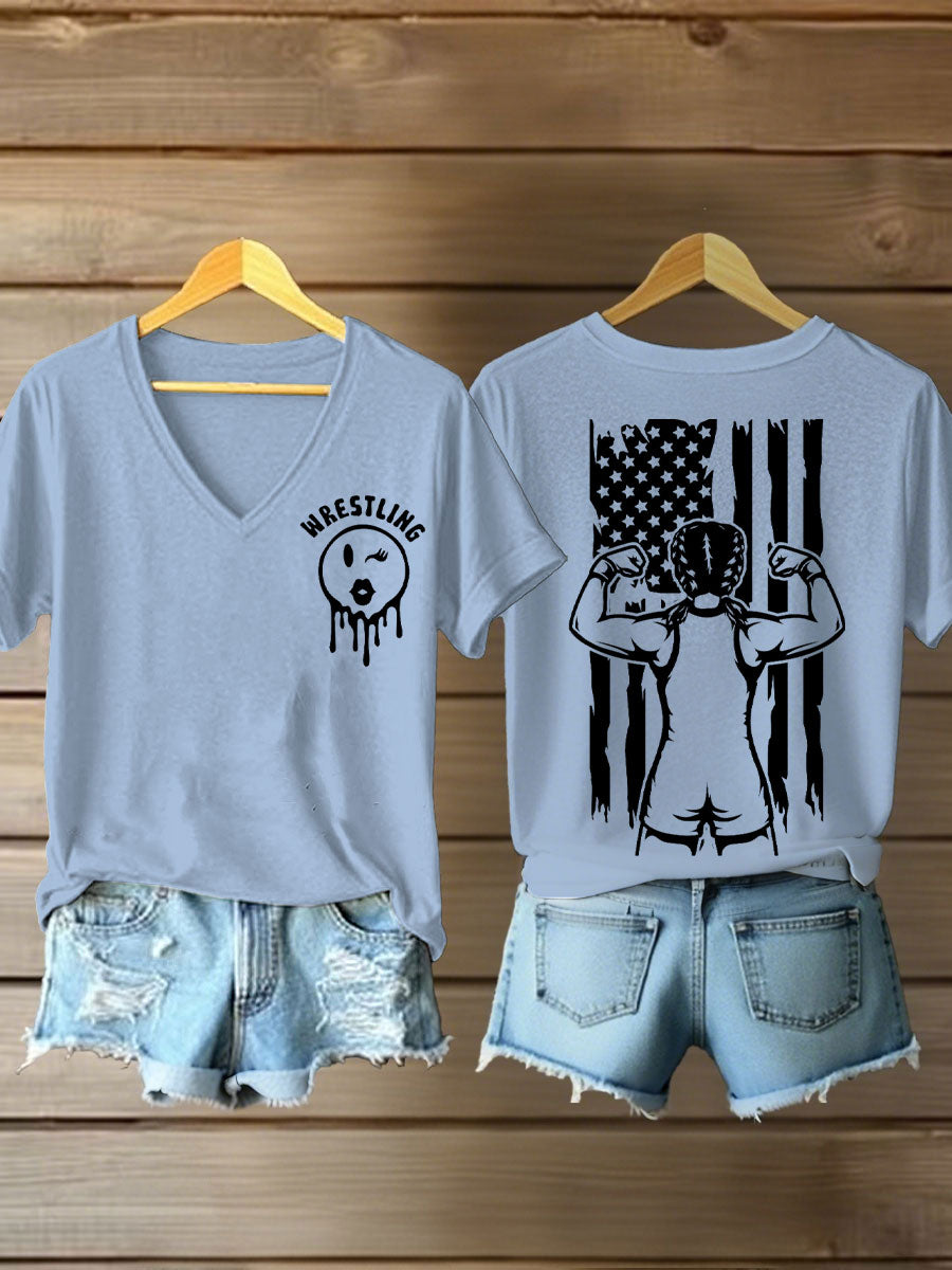 Camisetas con cuello en v de la bandera de la lucha libre de las mujeres