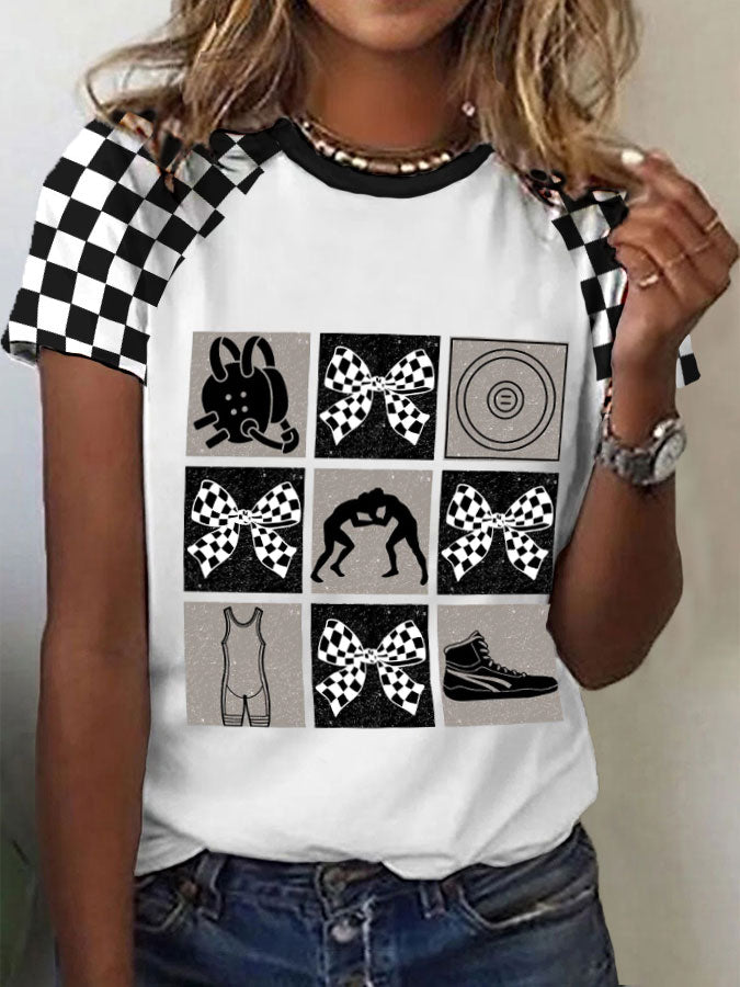 Camisetas de cuadros en blanco y negro de lucha libre para mujer