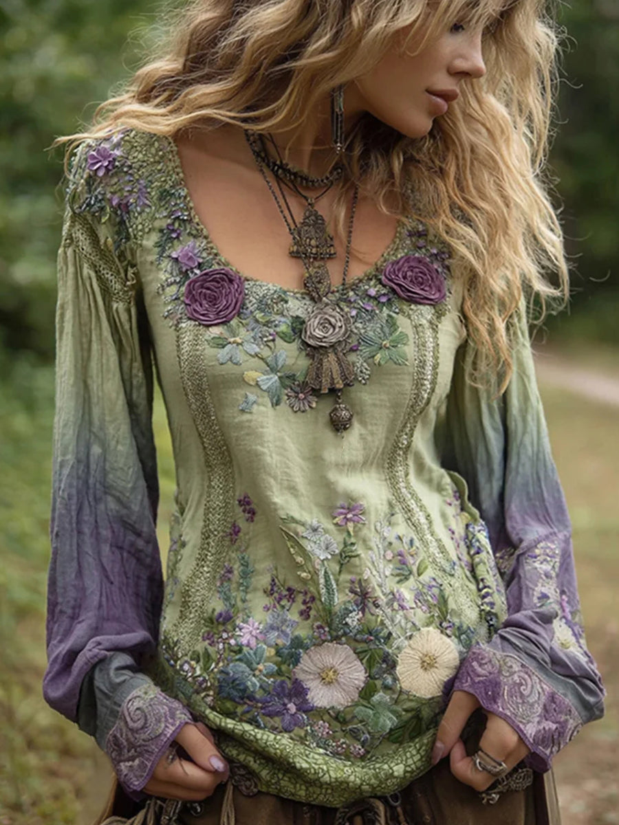Camisa de lino bordada floral elegante vintage para mujer