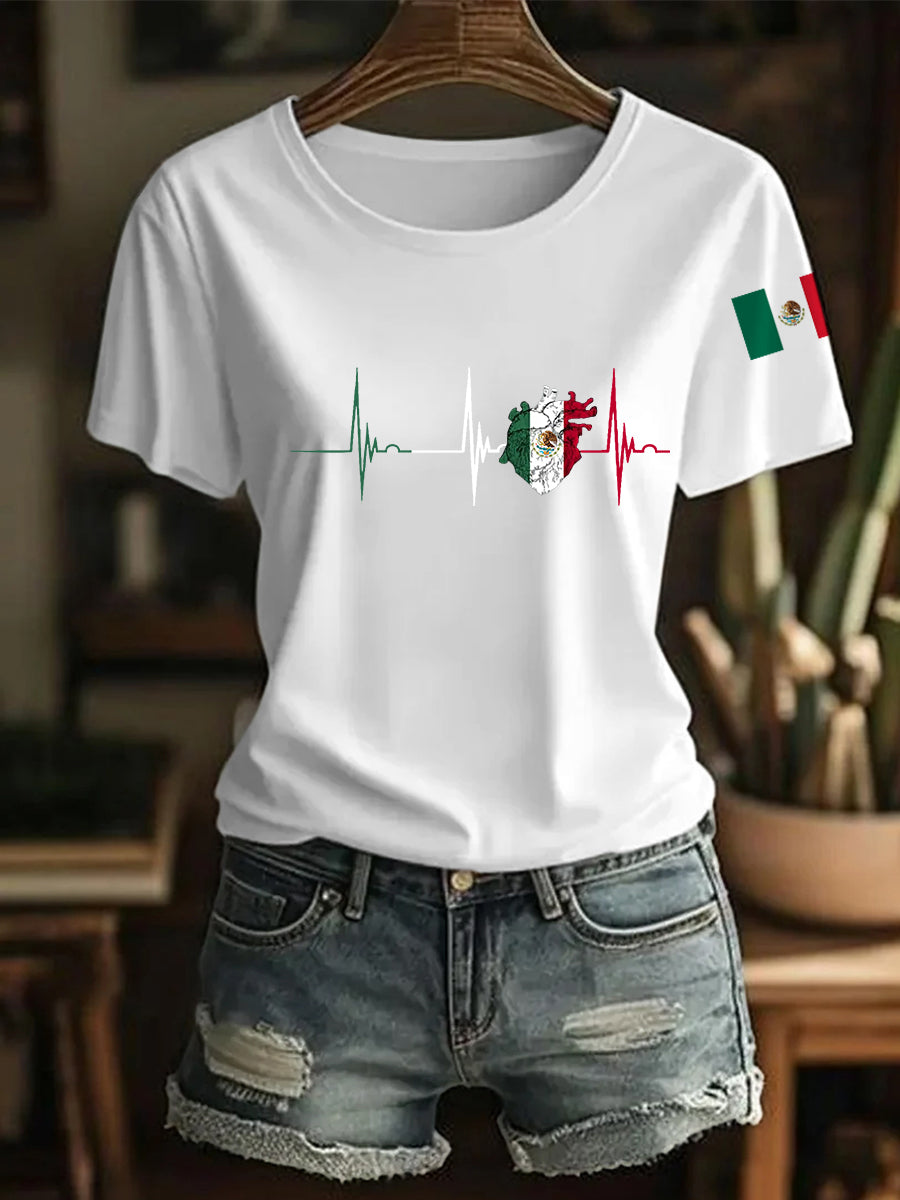 Camiseta casual del día de la independencia mexicana de la impresión del latido del corazón de la bandera mexicana de las mujeres