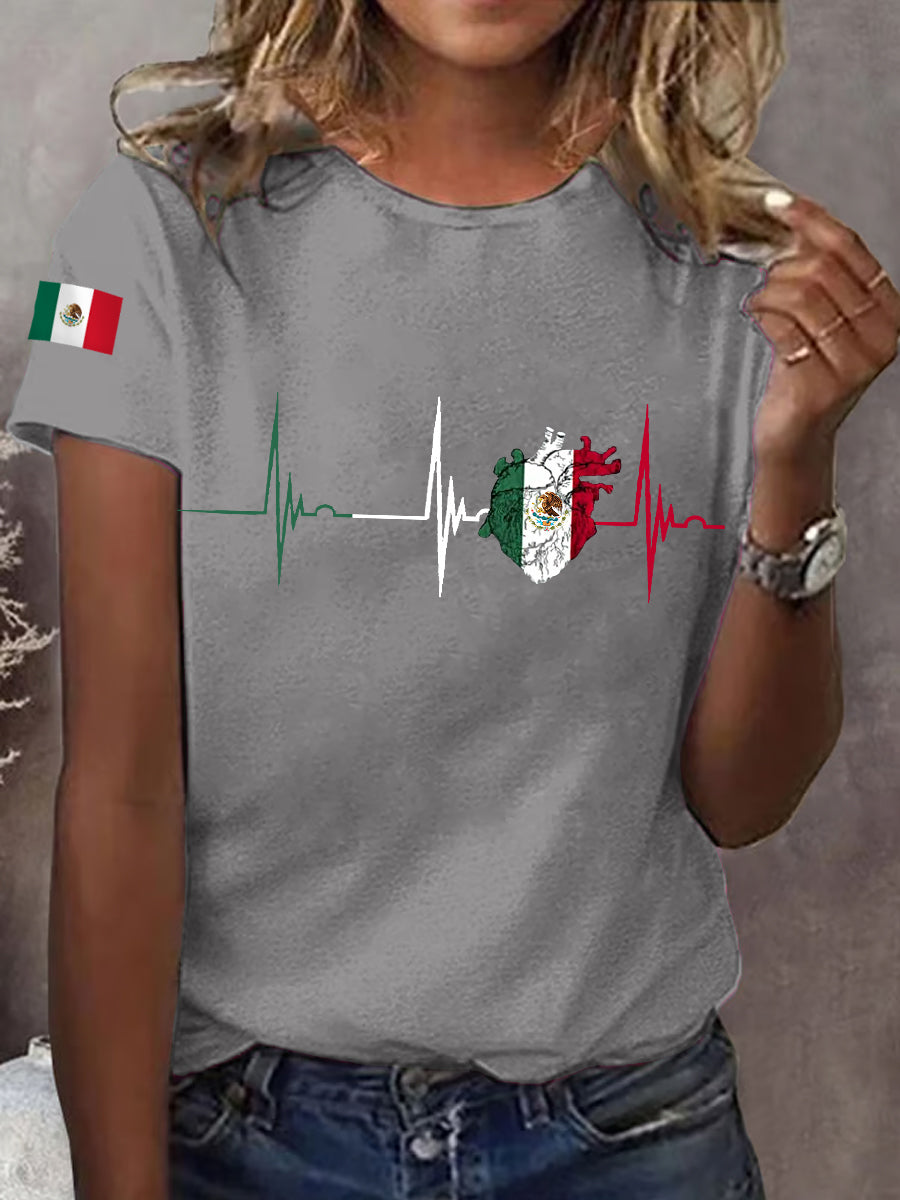 Camiseta casual del día de la independencia mexicana de la impresión del latido del corazón de la bandera mexicana de las mujeres