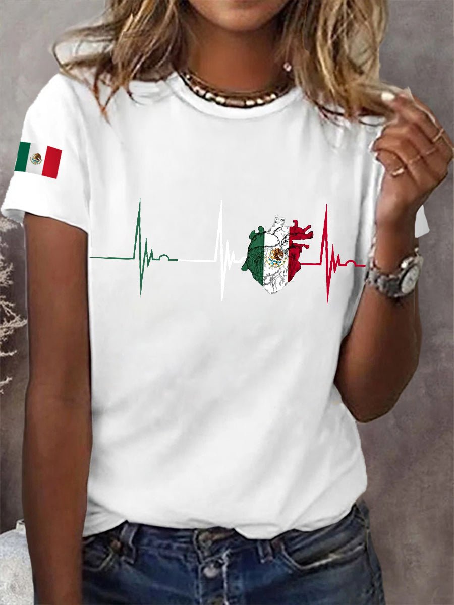Camiseta casual del día de la independencia mexicana de la impresión del latido del corazón de la bandera mexicana de las mujeres