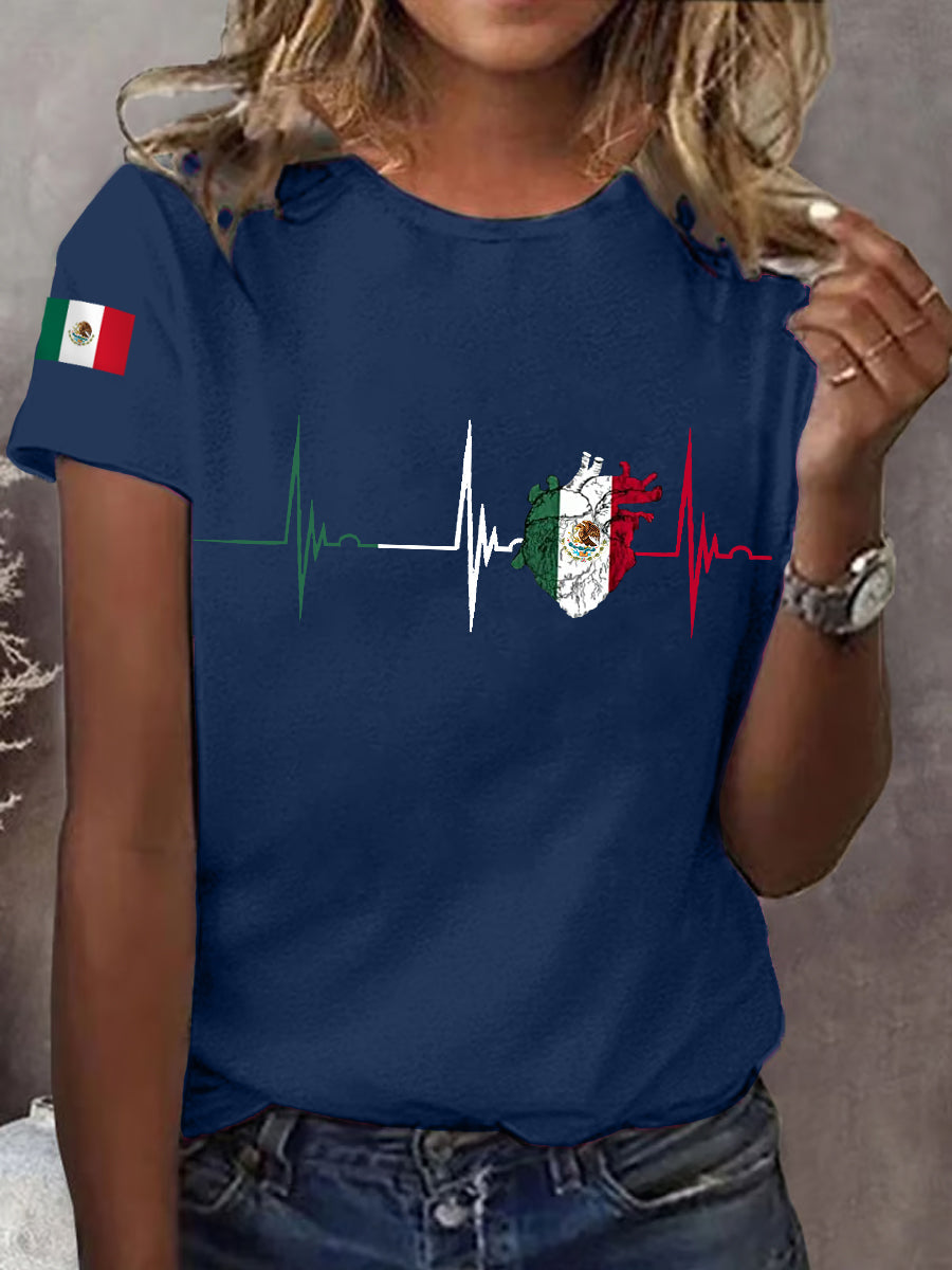 Camiseta casual del día de la independencia mexicana de la impresión del latido del corazón de la bandera mexicana de las mujeres