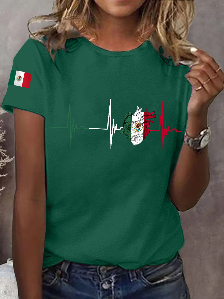 Camiseta casual del día de la independencia mexicana de la impresión del latido del corazón de la bandera mexicana de las mujeres