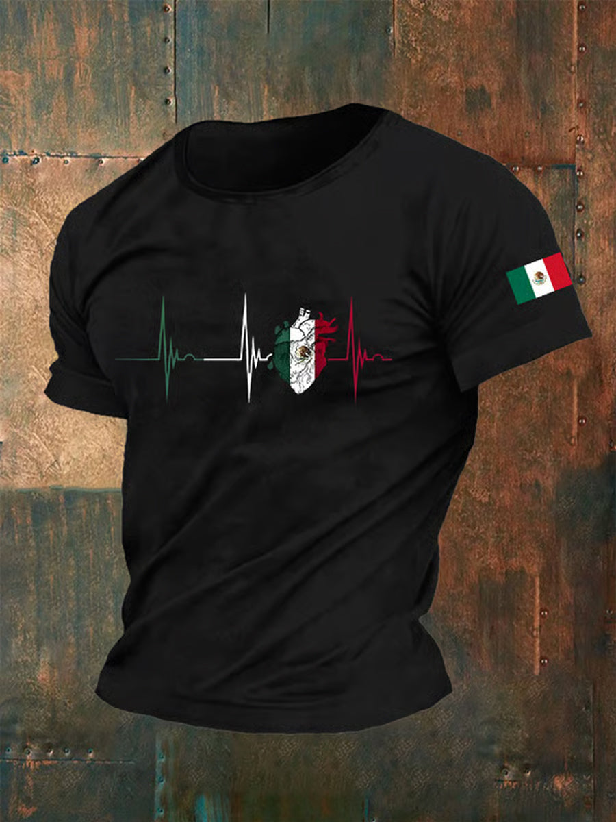 Camiseta casual del día de la independencia mexicana de la impresión del latido del corazón de la bandera de México de los hombres