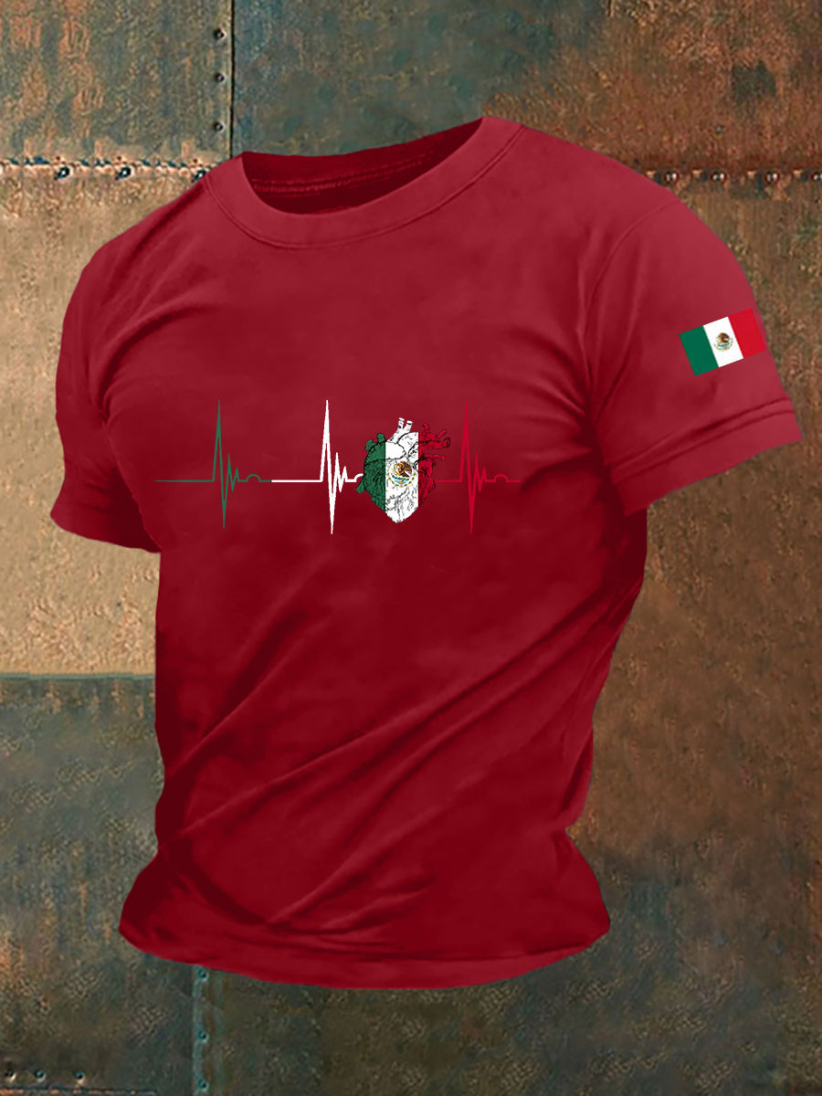 Camiseta casual del día de la independencia mexicana de la impresión del latido del corazón de la bandera de México de los hombres