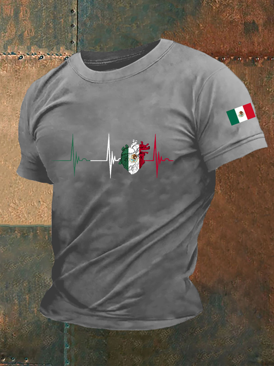 Camiseta casual del día de la independencia mexicana de la impresión del latido del corazón de la bandera de México de los hombres
