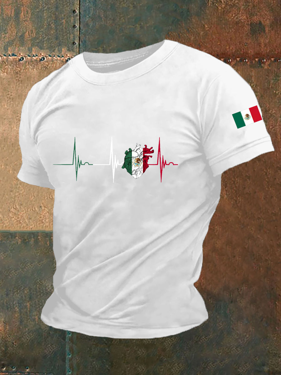 Camiseta casual del día de la independencia mexicana de la impresión del latido del corazón de la bandera de México de los hombres