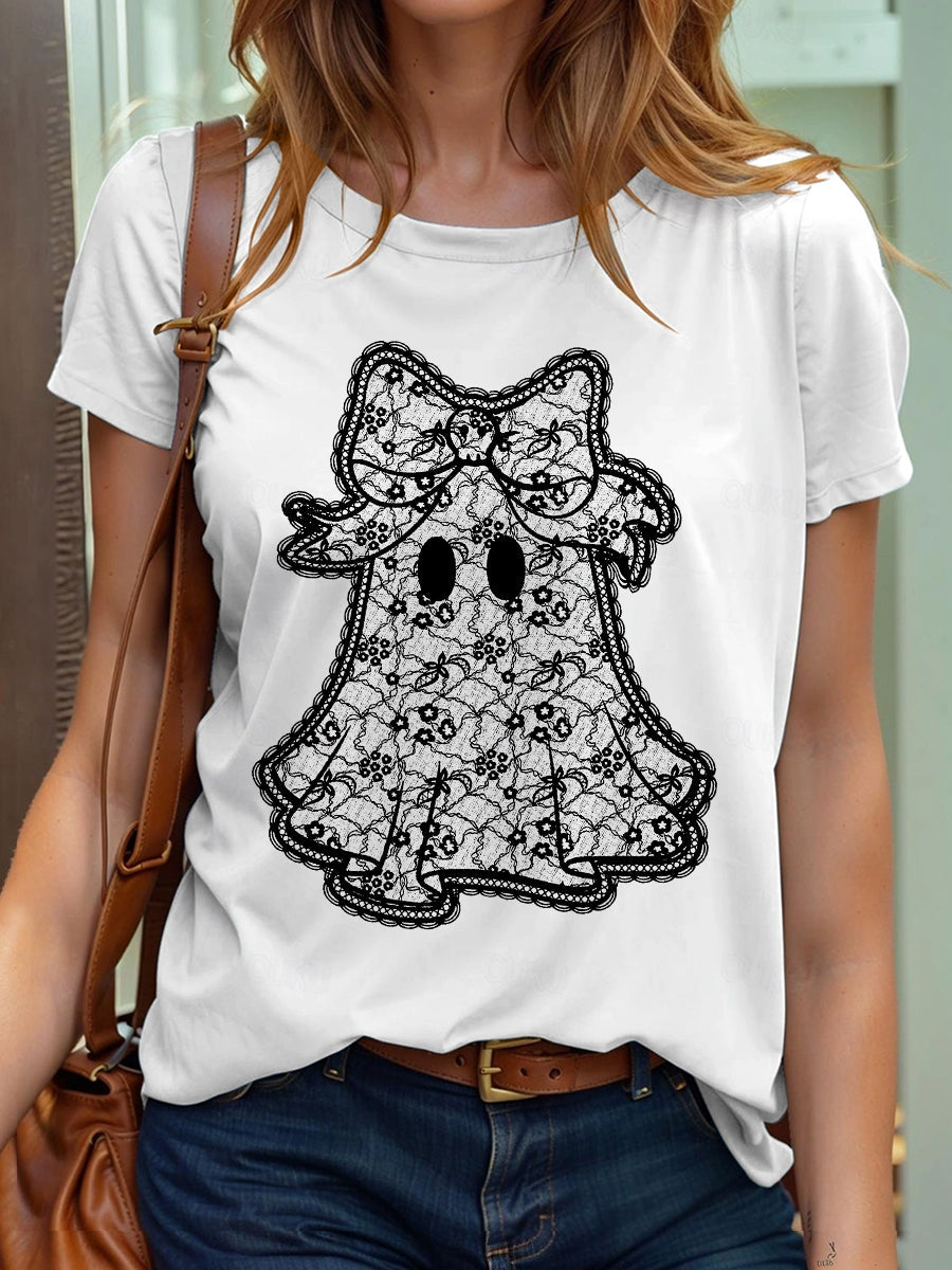 Camiseta de manga corta Halloween Lace Ghost para mujer