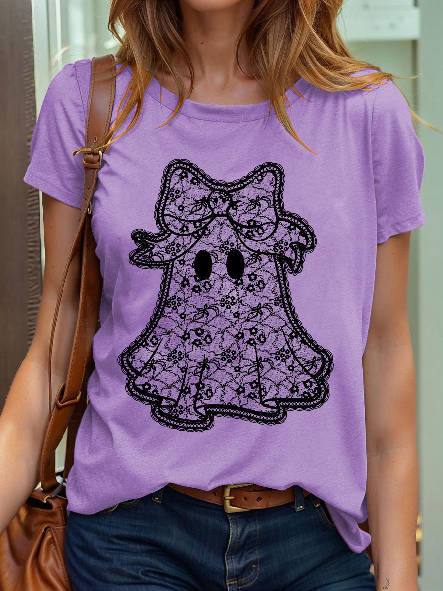 Camiseta de manga corta Halloween Lace Ghost para mujer